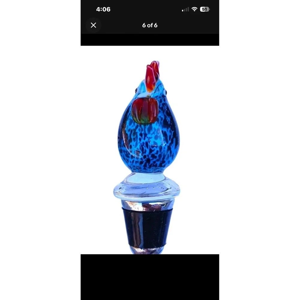 Vintage Murano Style Hand Blown Art Glass Rooster Bird Wine Bottle Stopper Cork